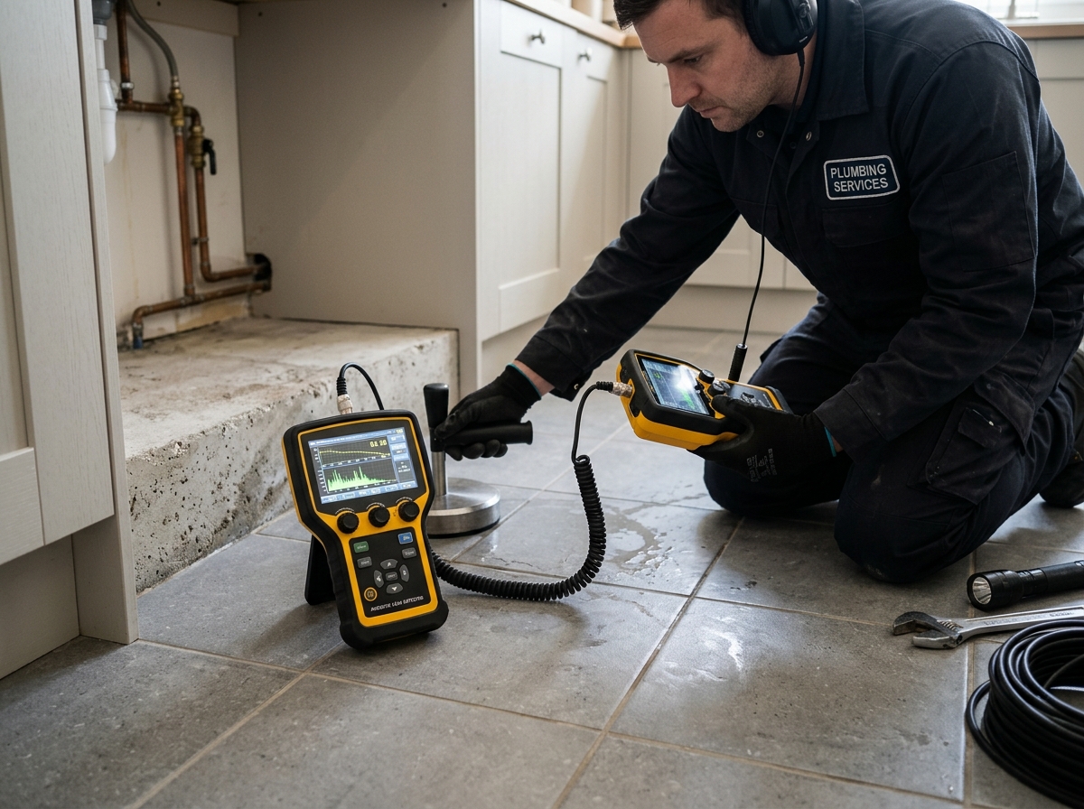 Technician conducting electronic slab leak detection with ground microphone on concrete in Port Arthur